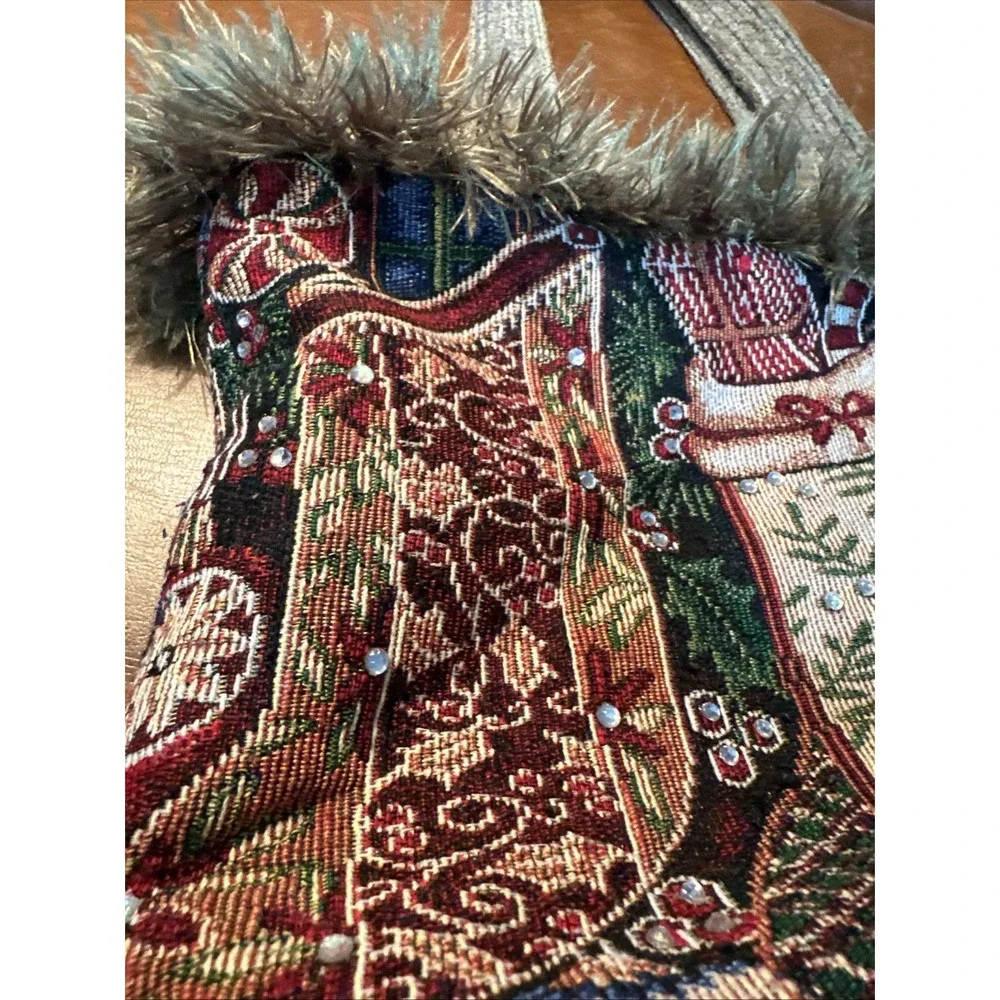 VTG Handmade Tapestry Christmas Tote Bag with Christmas Stockings And Bling